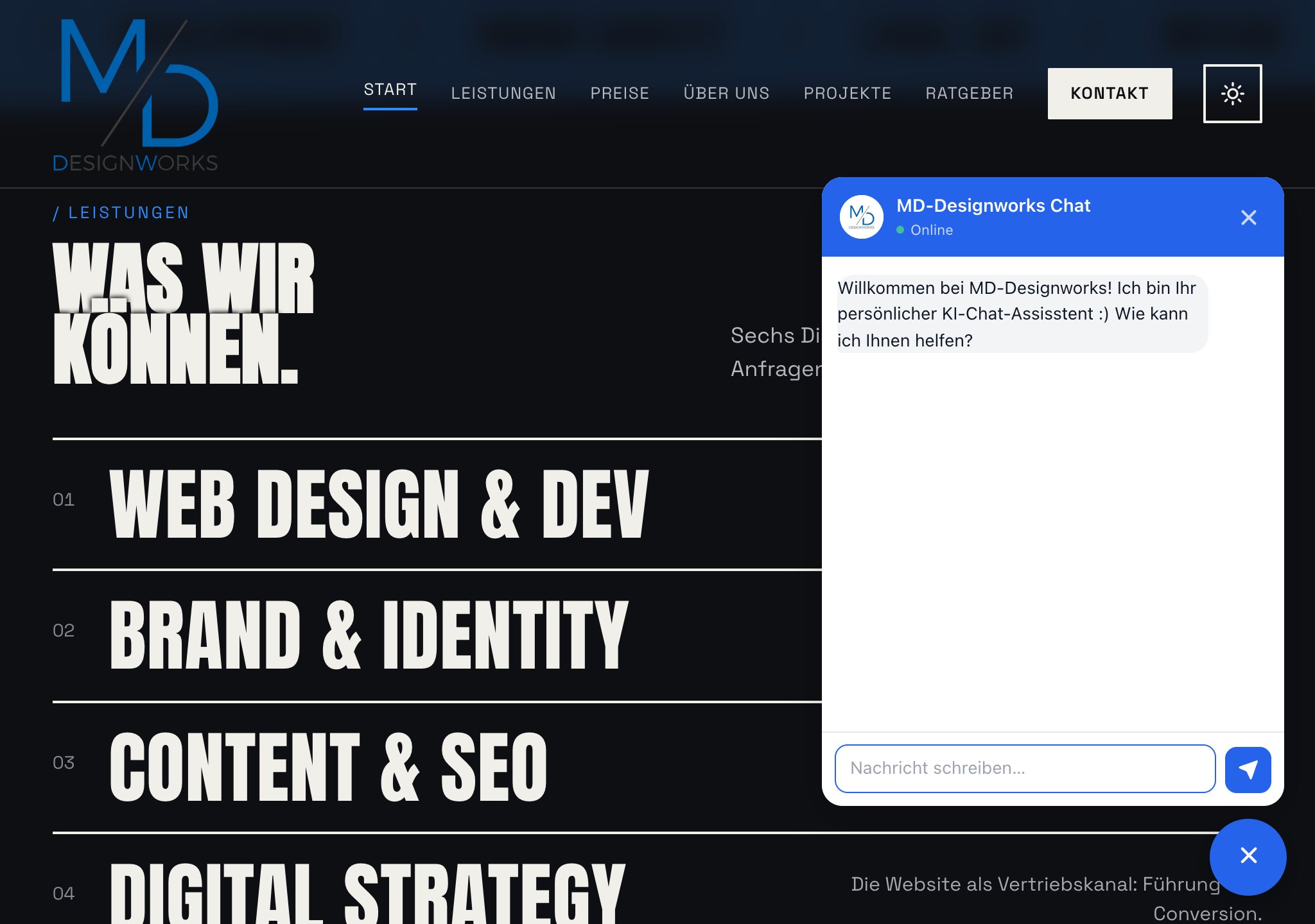Website md-designworks.de mit geöffnetem Chatfenster des KI-Assistenten