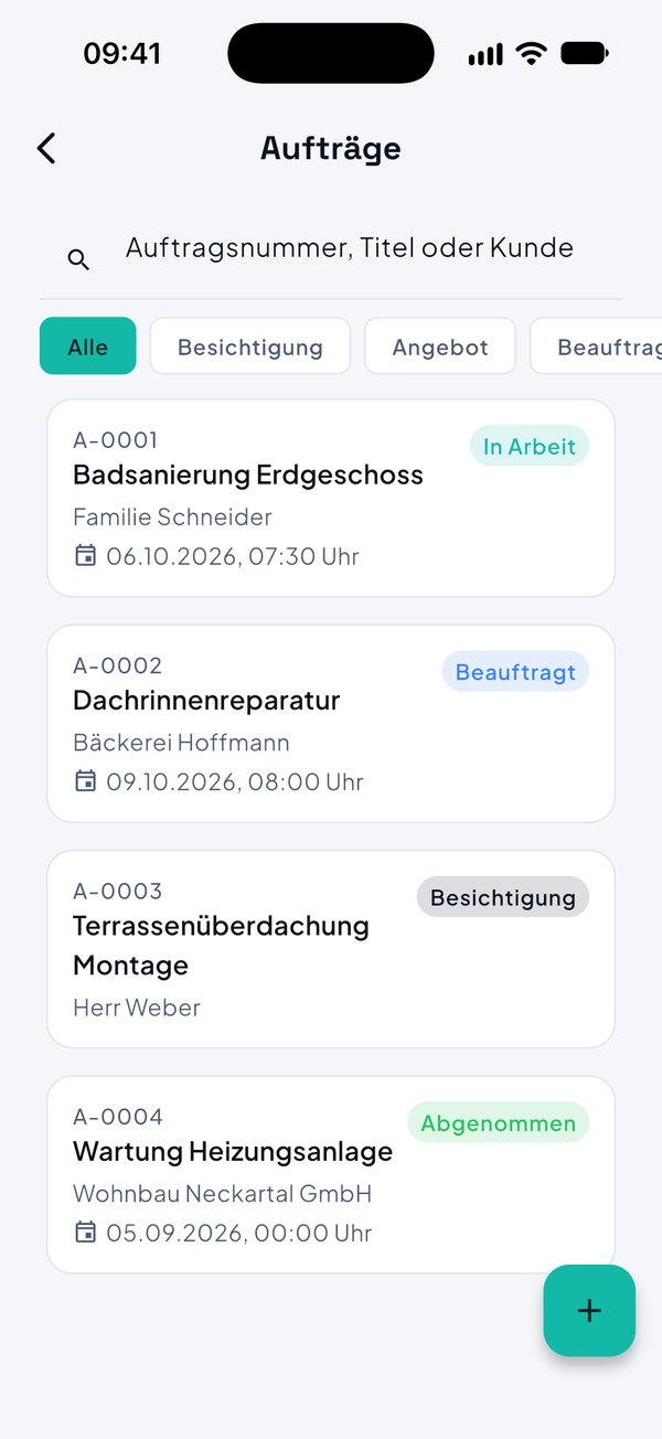 Voro-App: Auftragsliste mit Auftragsnummer, Kunde, Termin und Status