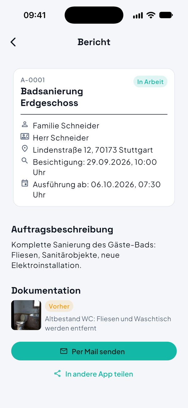 Voro-App: Auftragsbericht mit Kundendaten, Beschreibung und Vorher-Foto