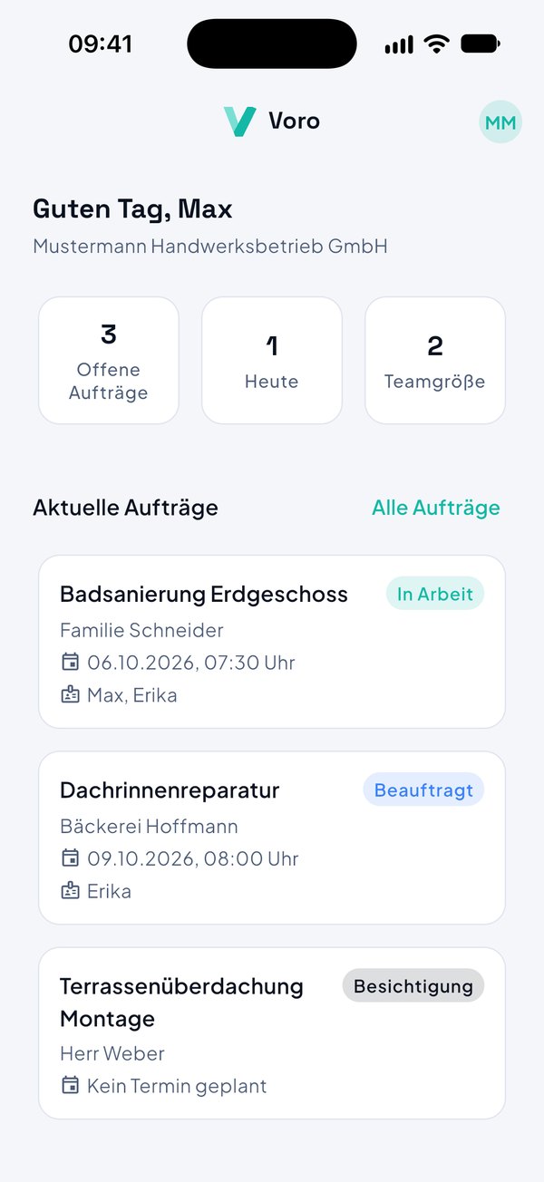 Voro-Startseite mit offenen und aktuellen Aufträgen, Demodaten