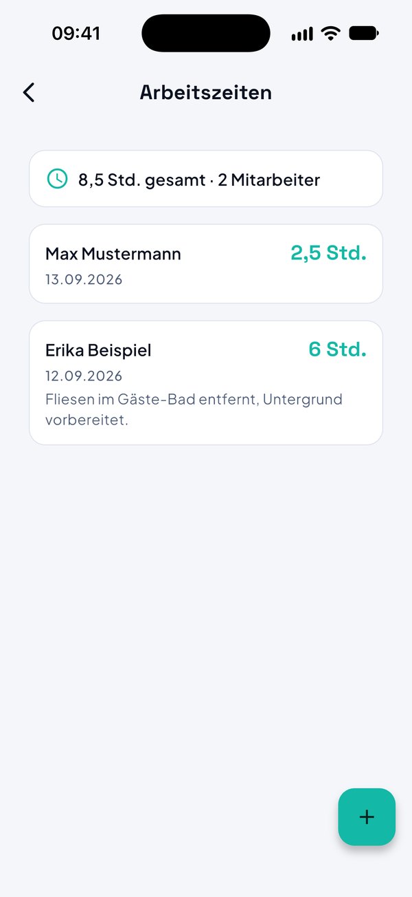 Voro-App: Arbeitszeiten von zwei Mitarbeitern mit Stunden und Datum